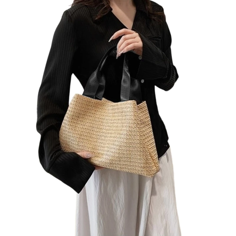 E74B Fashion Beach Woven Straw Bag Lightweight and Practical Top Handle Casual Shoulder Handbag for Vacation and Shopping