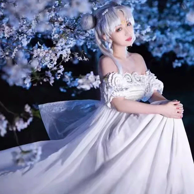 

FC6New Princess Cosplay Costume White Silver Golden Moon Dress Wings Bow Sleeves Set Wig For Christmas Halloween Game Party@FC8！
