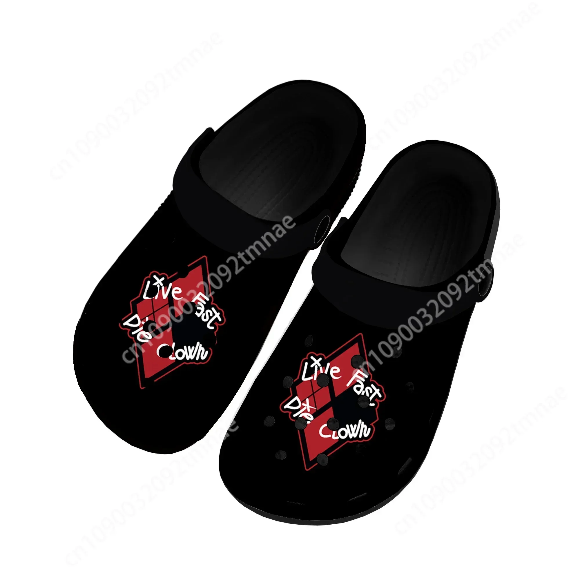 

Live Fast Die Clown Clogs Water Shoes Men Women Youth Sandals DIY Garden Bespoke Home Clog Custom Beach Hole Slipper Black