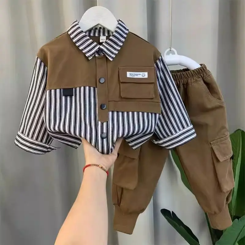 Boys Spring Autumn Clothing Set Baby Striped Shirt+Pants 2pcs Set for Korean Casual Children\'s Clothes Handsome Kids Clothing