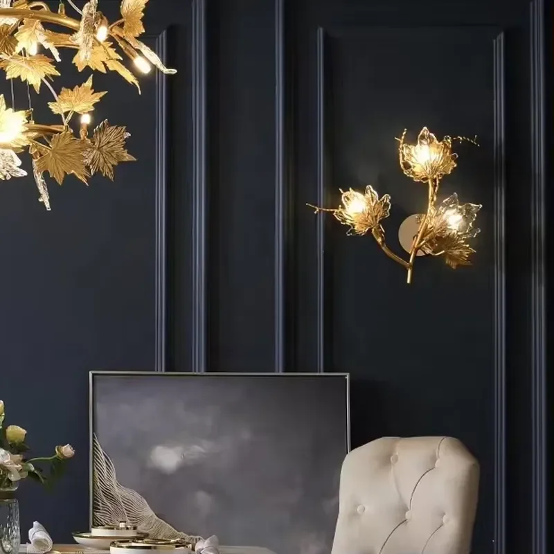 Modern 3 Light Glass Leaf Wall Sconce Luxury Indoor Lighting Fixture Elegant Bedside Lamp for Hotel Bedroom Wedding Home