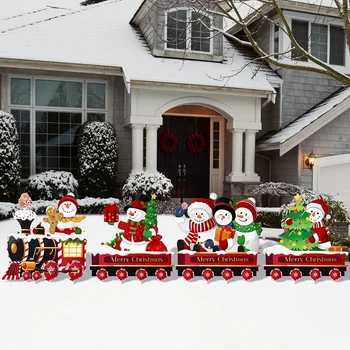 4-Piece Christmas Garden Decoration Sign Set, Adorned with a Santa's Train Design, Is the…