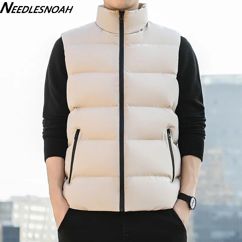 NEEDLESNOAH Fashion Men Autumn Winter Vest Waistcoat Brand Male Slim Fit Stand Collar Khaki Jacket Warm Sleeveless Jackets