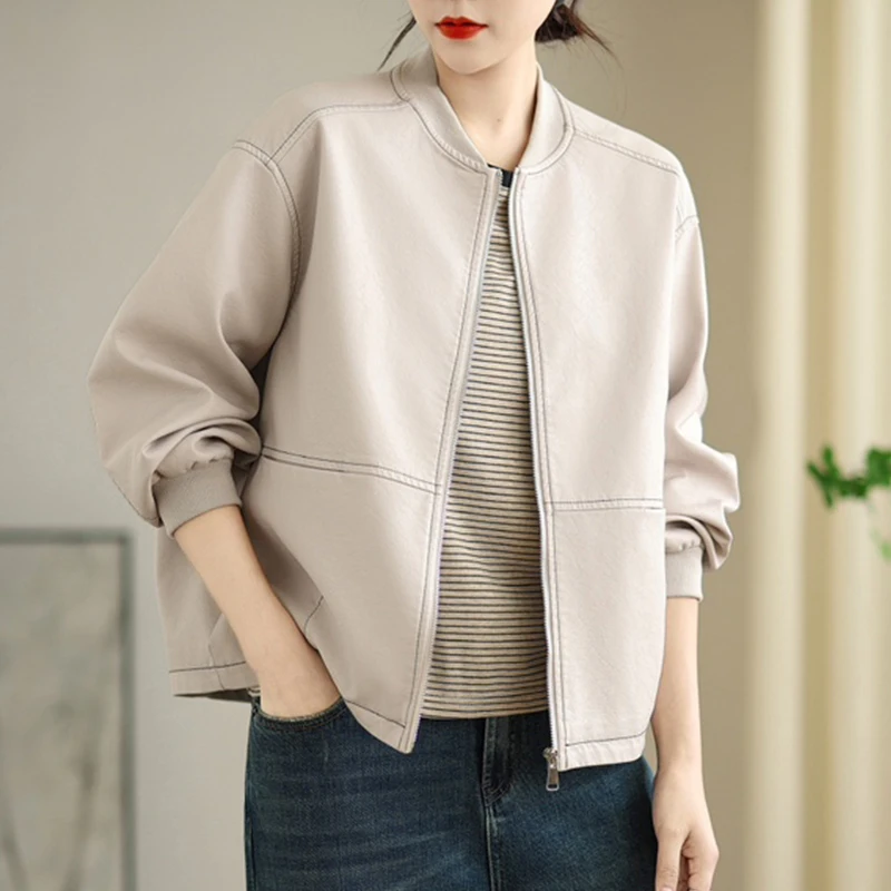 Masss Wasss 韓国秋女性ルーズレジャーヴィンテージフェイクレザージャケットレディースクラシック V ネックウインドブレーカーファッション PU コート