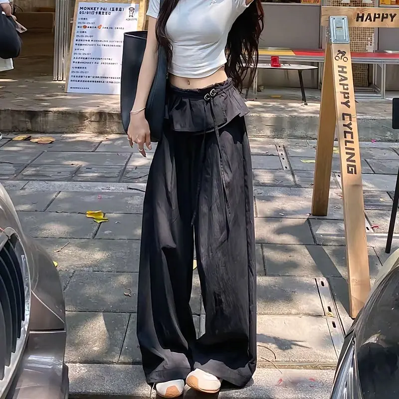 

Streetwear Black Wide Leg Pants Women Y2K Fashion Ruffles Patchwork Baggy Pants Summer Harajuku Korean Casual Straight Trousers