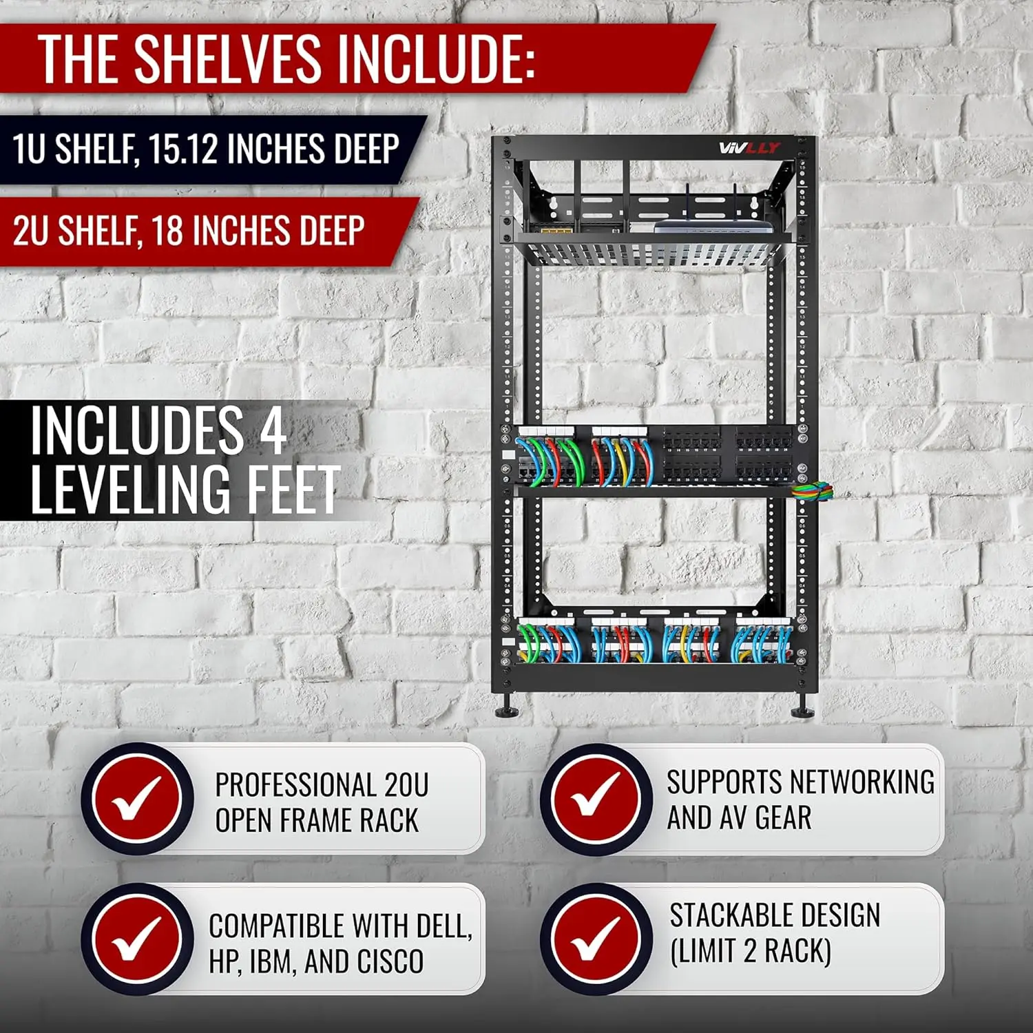 Rack for Networking, Servers, Audio, and Video Equipment, Heavy Duty 2X Vented Shelves, Wall Mounted Hardware