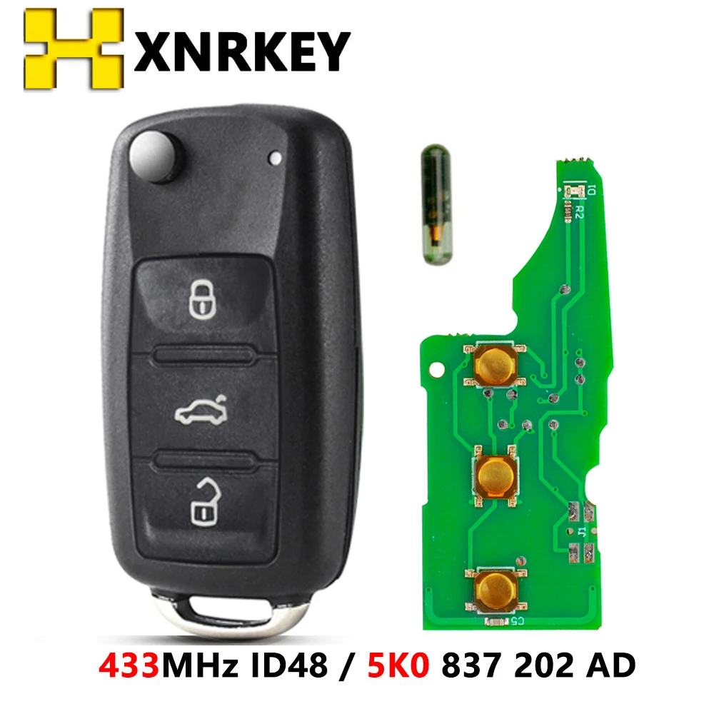 XNRKEY 10pcs 3 Button Flip Remote Car Key for VW Volkswagen Polo Sedan Golf 6 Passat B6 Touran Bora ID48 Chip 433Mhz 5K0837202A