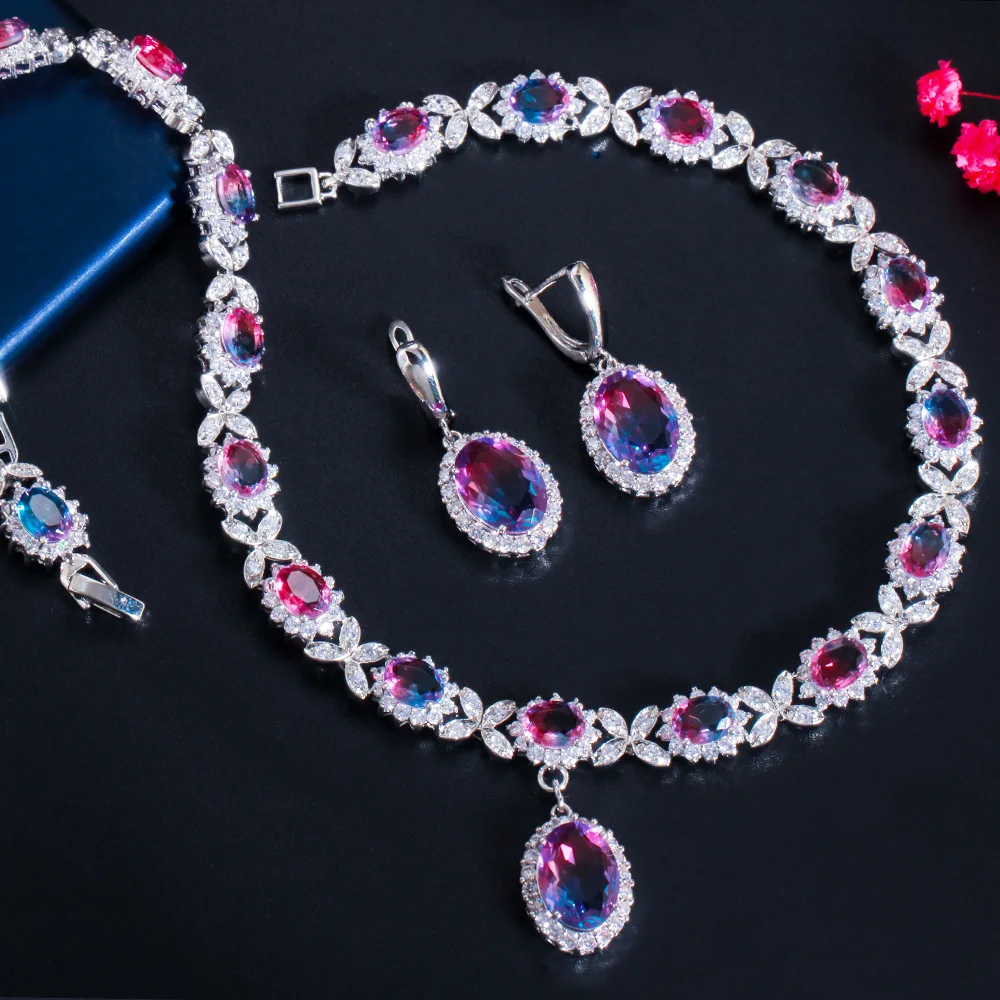 ANGELCZ Fashion Women Clothing Jewelry Set Inlay Oval AAA Cubic Zircon Colorful Stone Prom Earrings Necklace Set AJ140