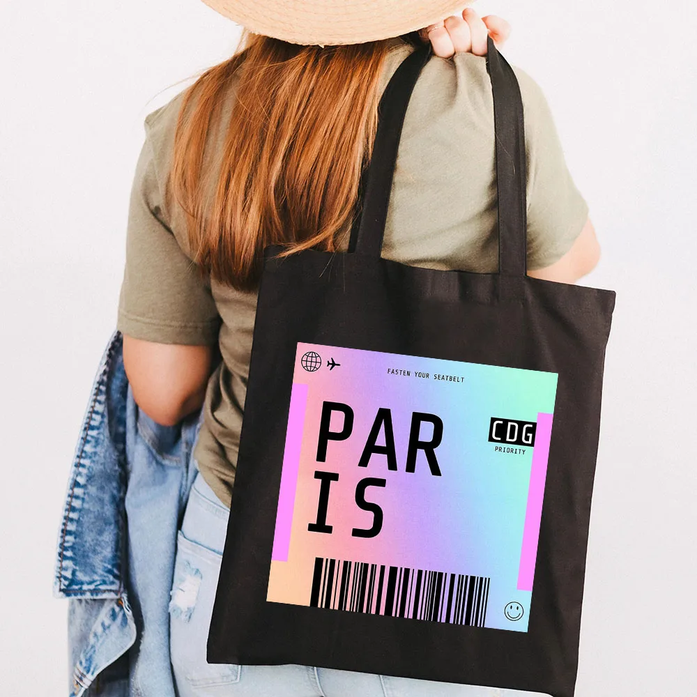 Paris New York Tokyo London Miami Boarding Pass Cute Women Canvas Shoulder Handbag Tote Eco Reusable Cotton Cartoon Shopping Bag