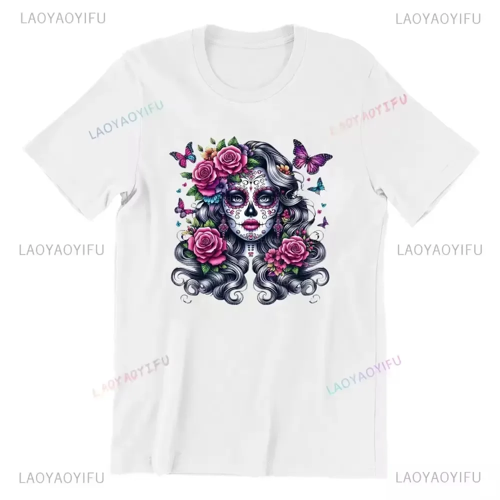 Sugar Skull T-Shirt La Catrina Girl with Purple Roses Dia De Los Muertos Sugar Skull Day of The Dead Tee Gifts for Men and Women