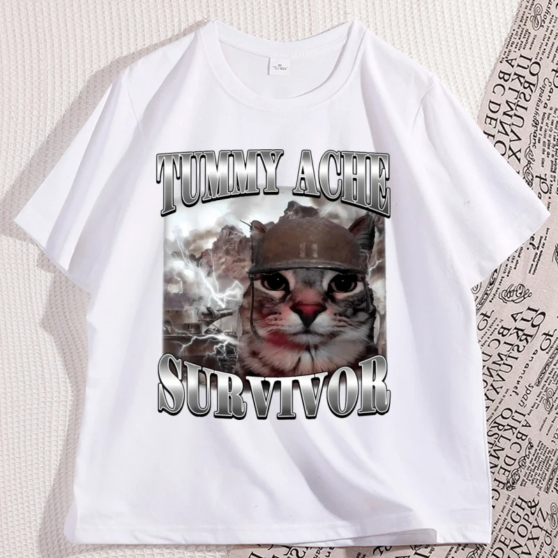 Tummy Ache Survivor Cat Meme T Shirts Man Cotton Funny Saying Cats Animals Printed Tshirt Casual Round Neck Short Sleeved Tees