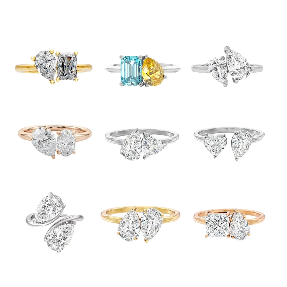 

Кольцо из стерлингового серебра 925 пробы GRA VVS Moissanite Toi Et Moi 1,69 TW Pear and Princess Cut Lab Grown Diamond Обручальное кольцо для женщин