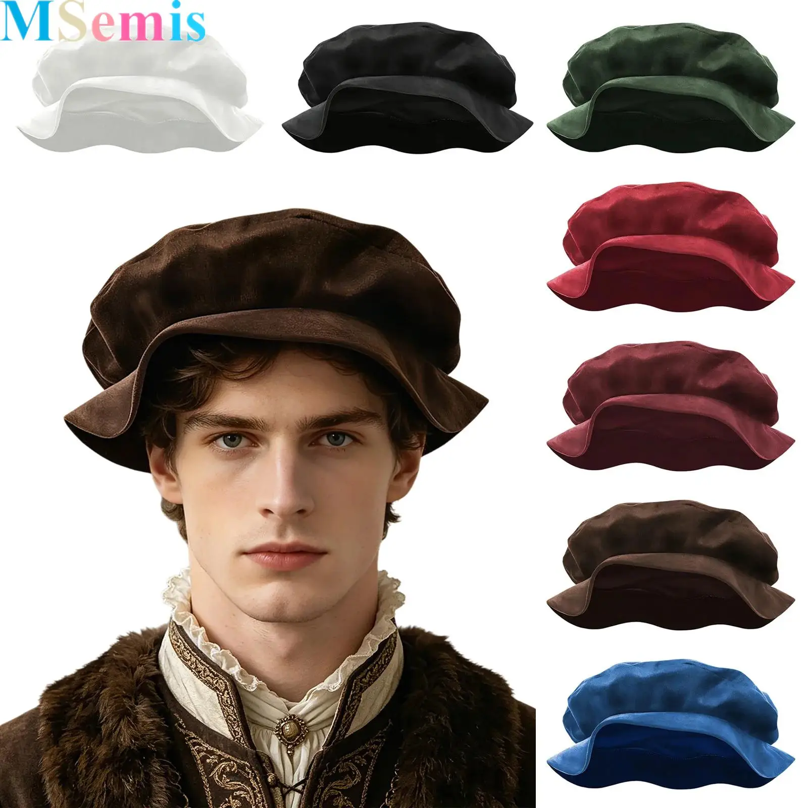 

1Pcs Medieval Tudor Flat Cap Faux Suede Beret Solid Color Hat Renaissance Festival Costume Accessories for Men Women