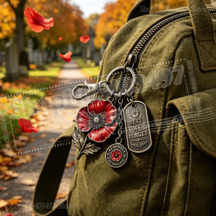 

NEW Lest We Forget Poppy Keychain,Red Poppy Flower Keyring with "Remember The Fallen" Tag Remembrance Day,Veterans Memorial Gift