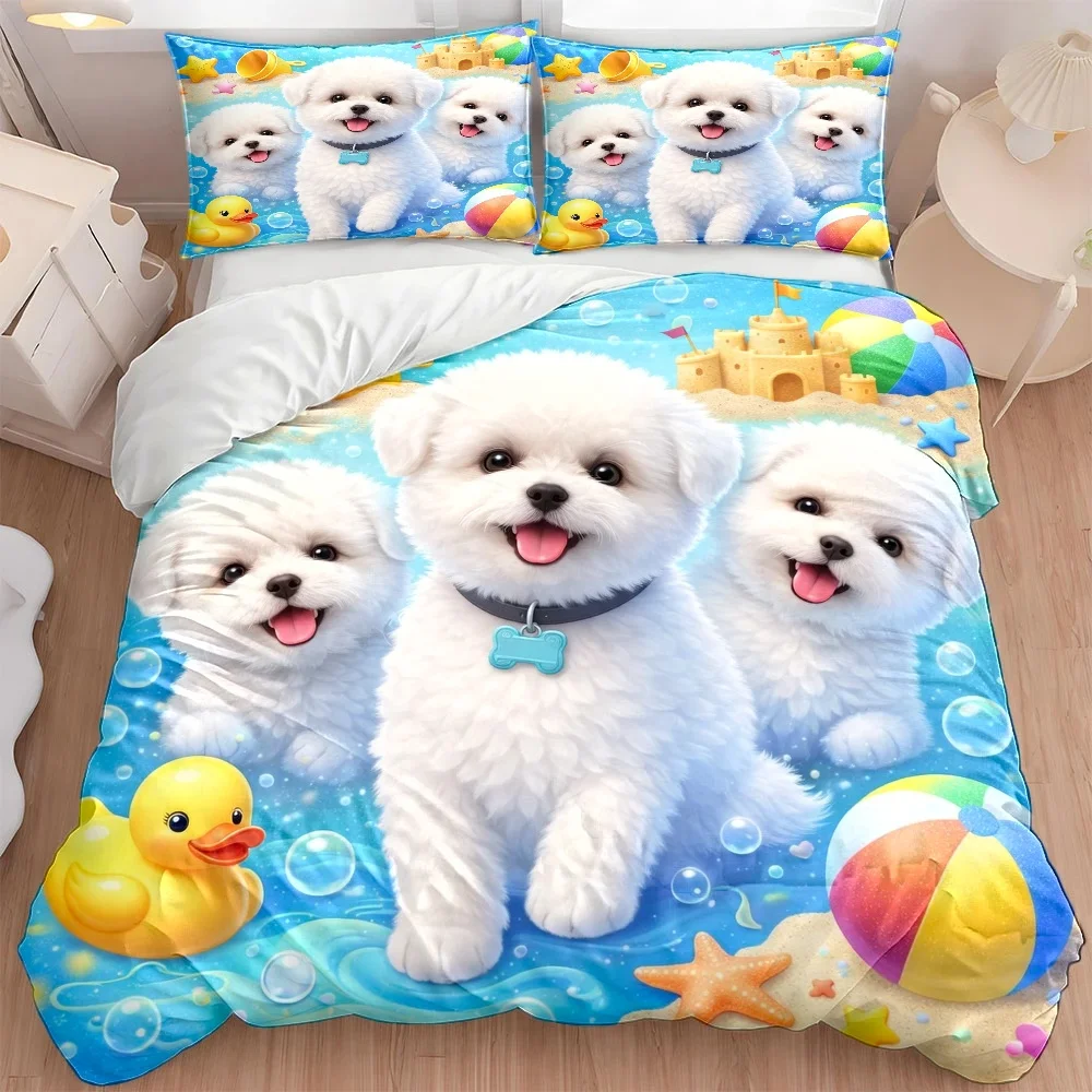 3Pc Cute Bichon Dog Beach Theme Duvet Cover Set, Three-Piece Bedding Set (1*Duvet Cover + 2*Pillowcases), Suitable for All Seasons, Machine Washable, Invisible Zipper Design, Suitable for Home, Dormitory, Master Bedroom, Guest Room, Large Double Bed Cover Bedding Set, Cartoon Cute Pet Print Skin-Friendly Bedding, Bedroom Decor Bedding Set, Soft and Comfortable Bubble Bath Theme Duvet Cover Set 2D Flat Print
