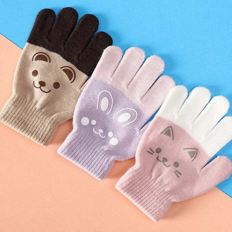 1Pair Cartoon Bear Bunny Pattern Winter Warm Gloves for Kids Outdoor Playing Gloves Children Boys Girls 3-7T