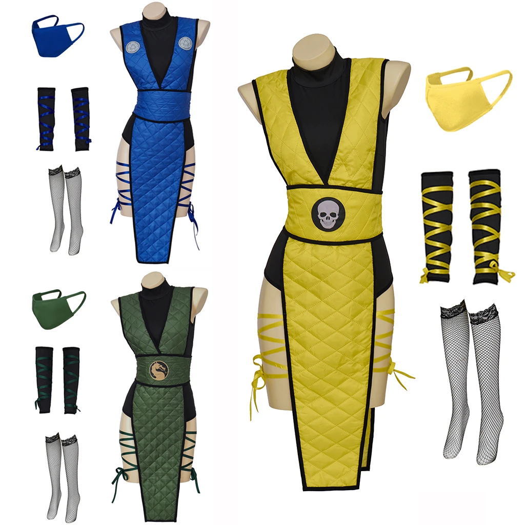 لعبة مورتال كومبات X زي العقرب تحت الصفر الزواحف تأثيري الأصفر الأزرق الأخضر معركة البدلة المرأة الزي هالوين زي