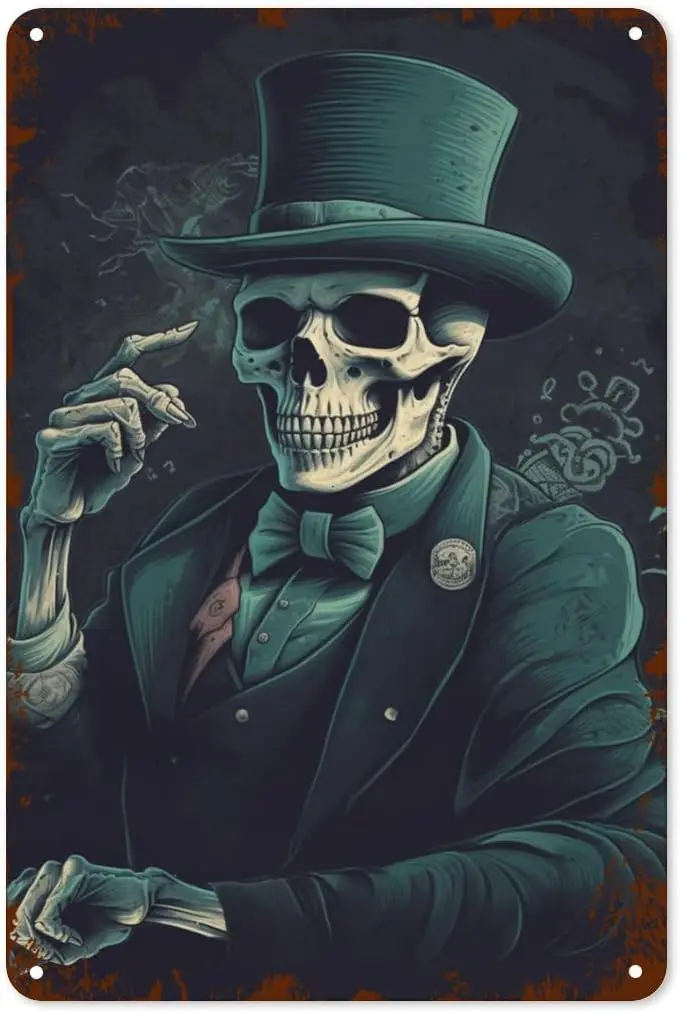 Gentleman Skull Metal Tn Sgn Spooky Retro Wall Decor For Home Offce Bar Pub Club Halloween Party Decoraton 8 X 12 nch Plaque Tn