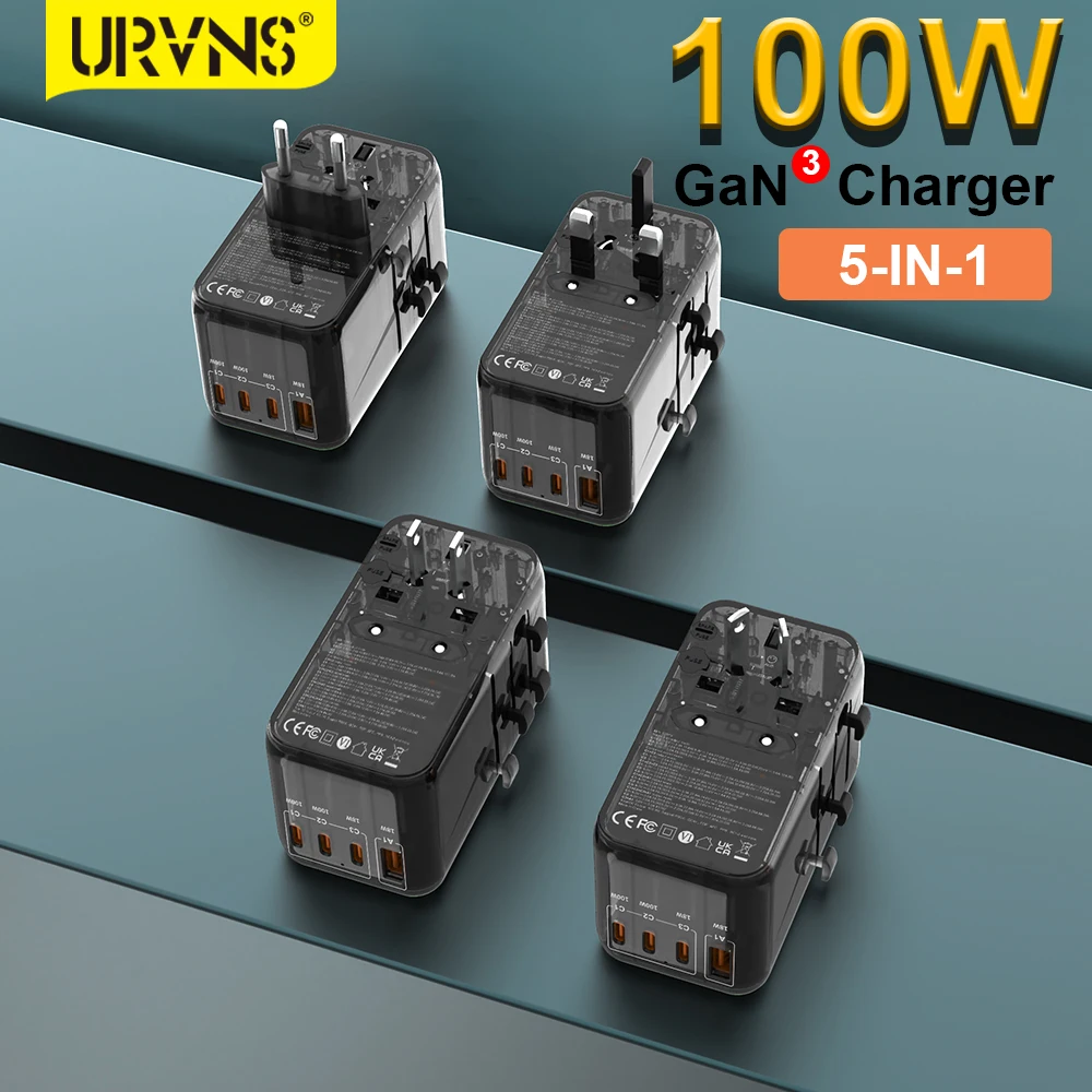 

URVNS 100W International Wall Charger PD GaN3 Universal Travel Adapter All-in-One Power Plug US/EU/UK/AU for Laptop/Tablet/Phone