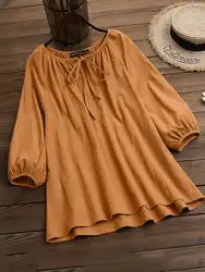 ZANZEA Women Fashion Blouse 2024 Summer Lace Up Shirts Elegant Office Solid Color Tops Casual Loose Long Puff Sleeve Blusa Femme