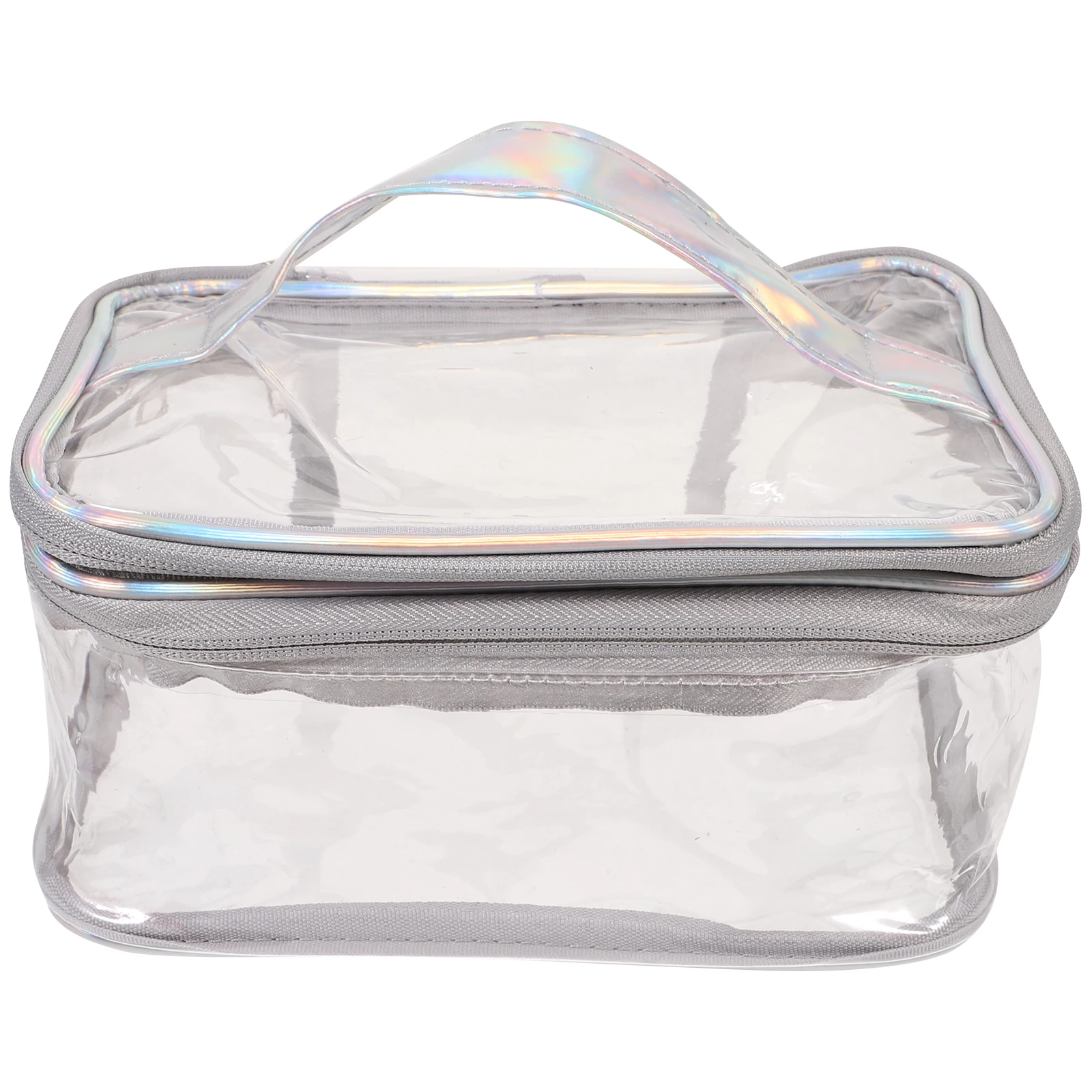 Contenedor de almacenamiento de maquillaje de viaje de aluminio PU transparente, bolsa de aseo gris transparente, bolsa de lavado portátil para mujer