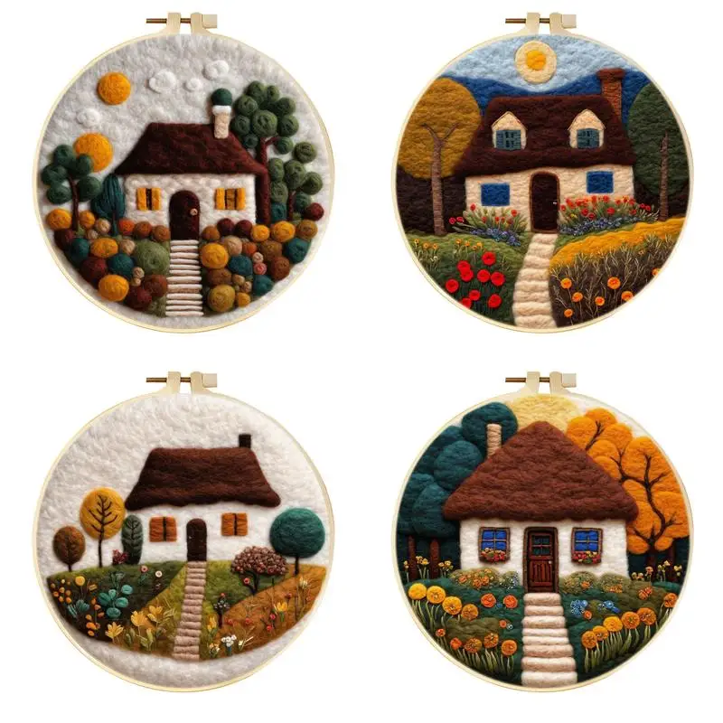 CHENISTORY House Landscape Wool Felting Painting With Embroidery Kit Handmade Wool Needle Painting Needle Felt Starter Set