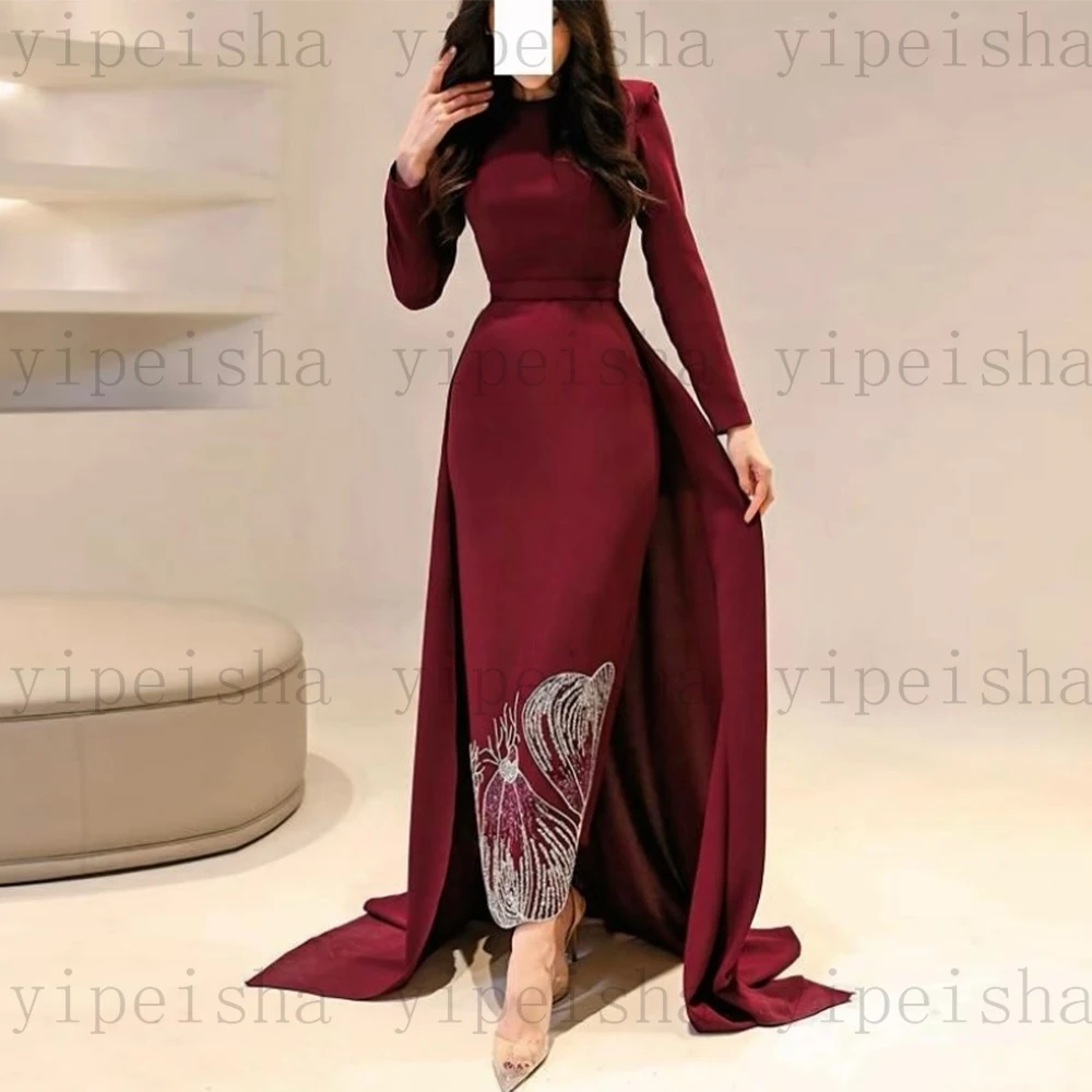 カスタマイズされた O ネックイブニングドレス絶妙なフルスリーブビーズスパンコール足首までの長さのウエディングドレスストレート取り外し可能なトレインドレス