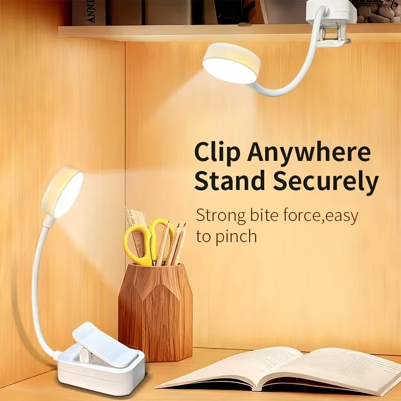 Mini Portable Clip‑on Night Light USB Type‑C Rechargeable Reading Lamp 3 Color Modes Flexible Gooseneck Clamp Lamp For Bed Desk