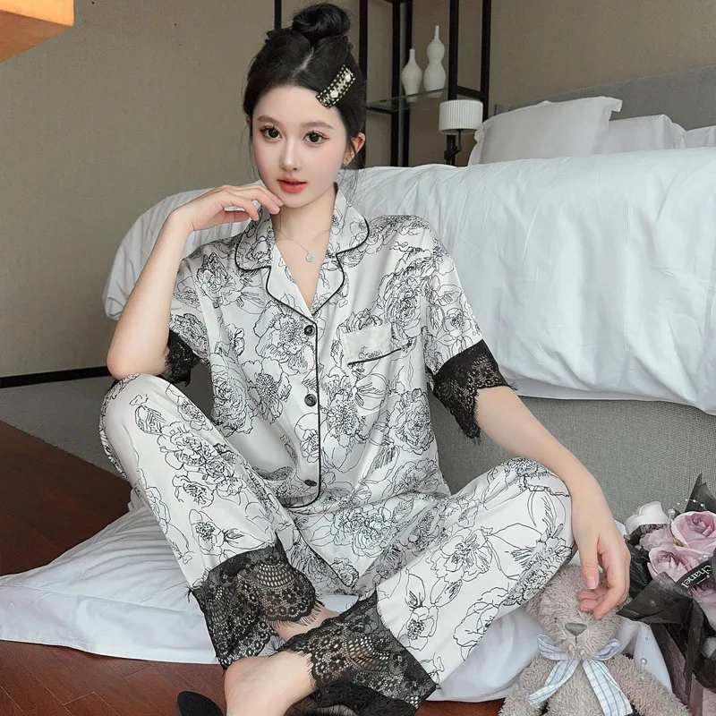 Ice Silk Pajamas for Women in Spring and Summer, New Lace Trim Sweet Flowers High-end Short Sleeved Home Clothes Fashion Pajamas