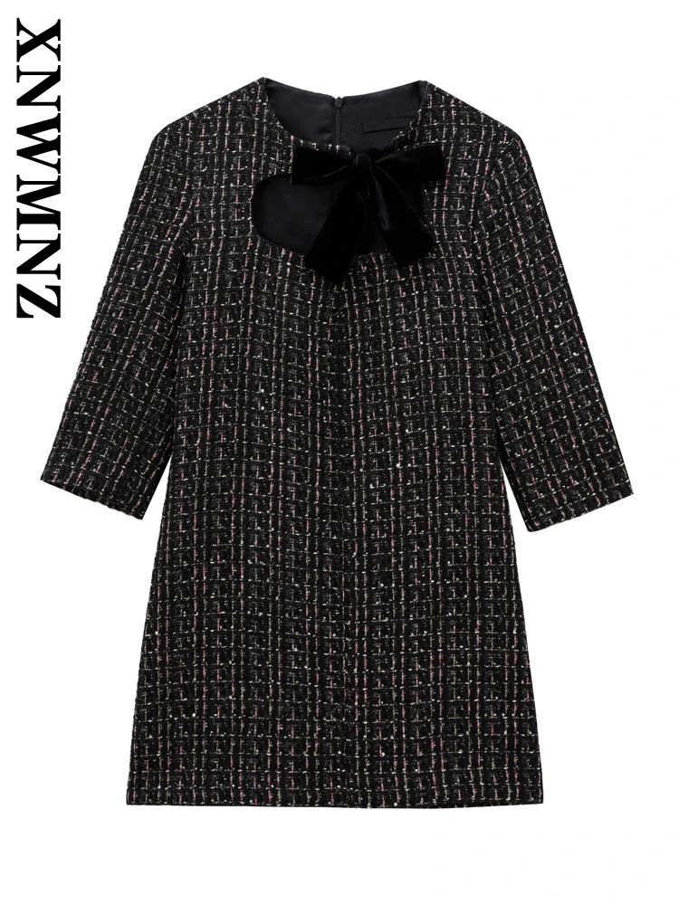 

XNWMNZ 2024 New Woman's Fashion Long Sleeve Dress Dresses Sophisticated Lady O-Collar Mini Skirt Ruffles Regular Fit Bowknot Top