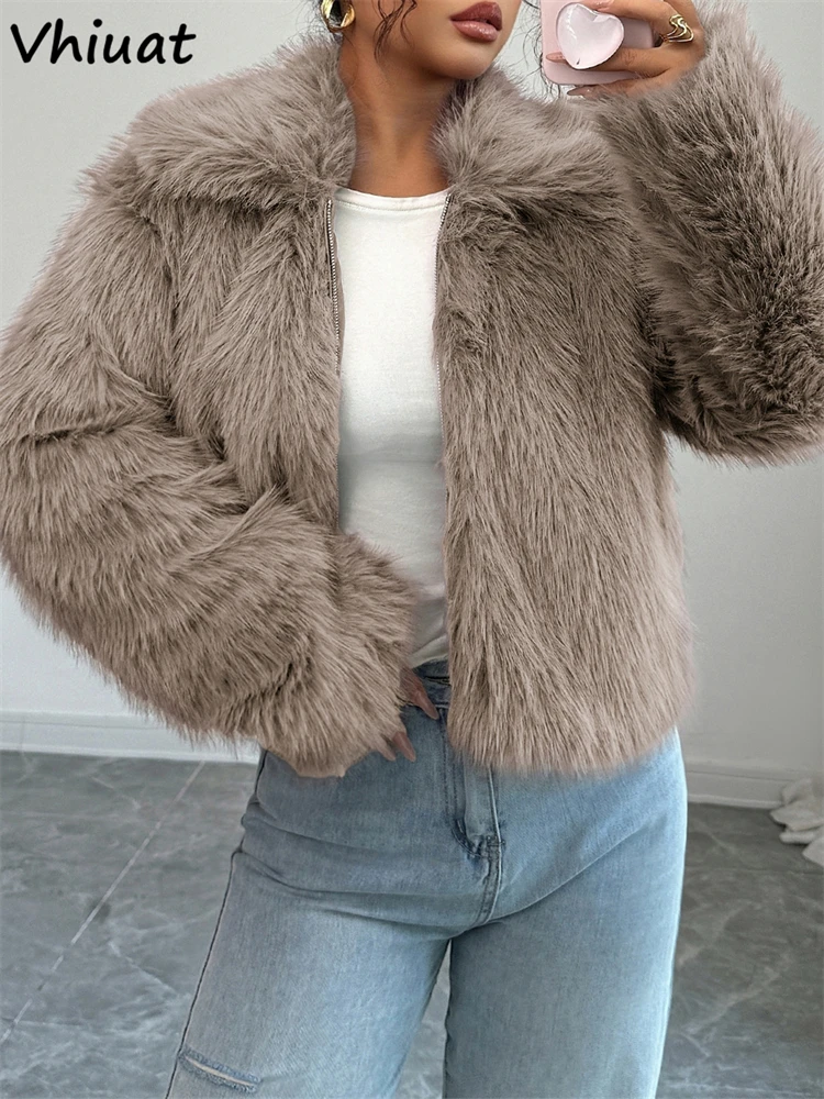 

Vhiuat 2025 зимняя женская модная куртка из искусственного меха, теплая свободная куртка на молнии с длинными рукавами, элегантное укороченное пальто, уличная женская верхняя одежда
