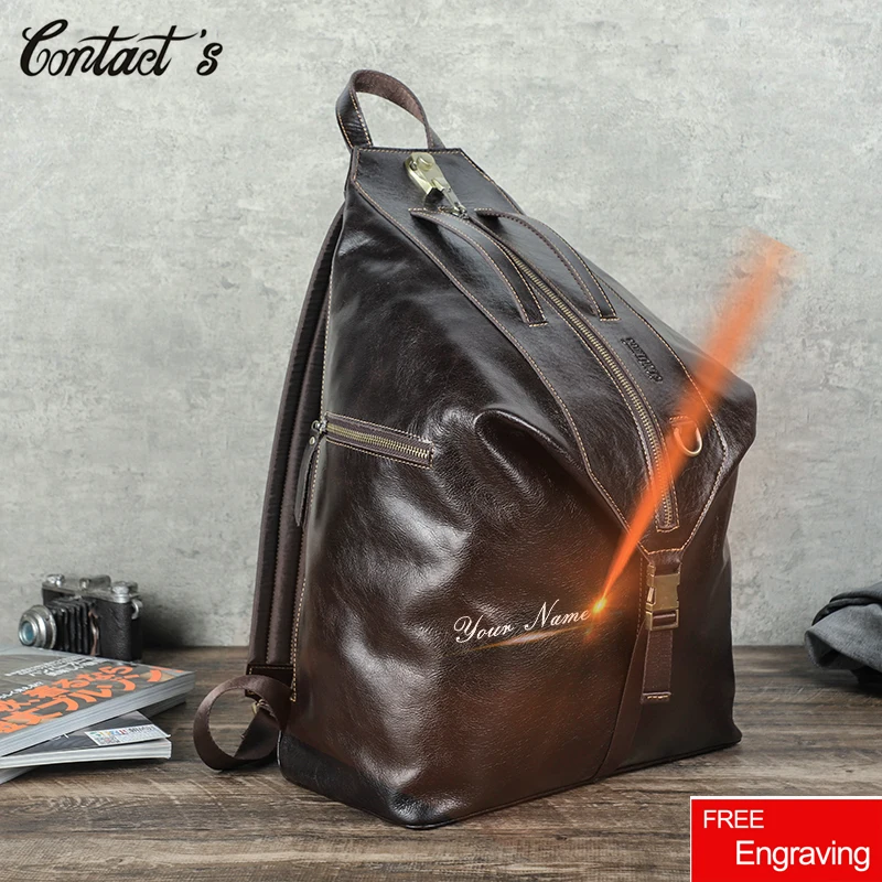 Contact’s Vintage First Layer Cowhide Backpack 13.3 Inch Laptop Bag Large Capacity Men Business Travel Bag Backpack New Design