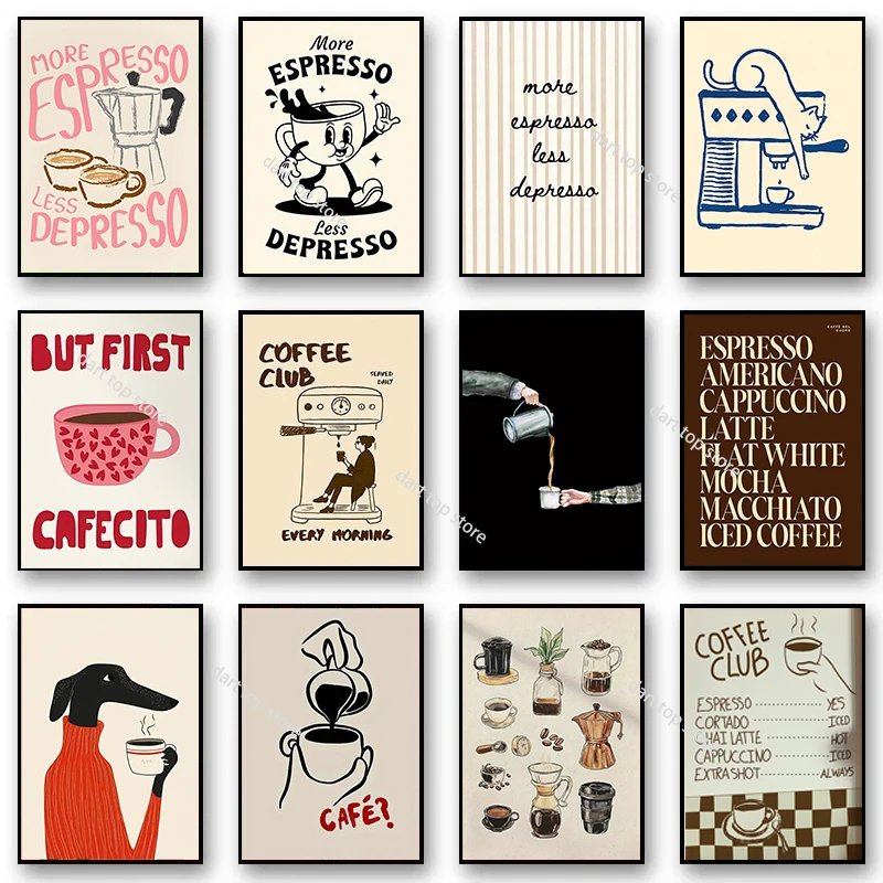 1pc frameless Cartoon Animal Text Art Coffee Print Painting Minimalist Wall Art Room Decoration Canvas Poster Prints Coffee Love