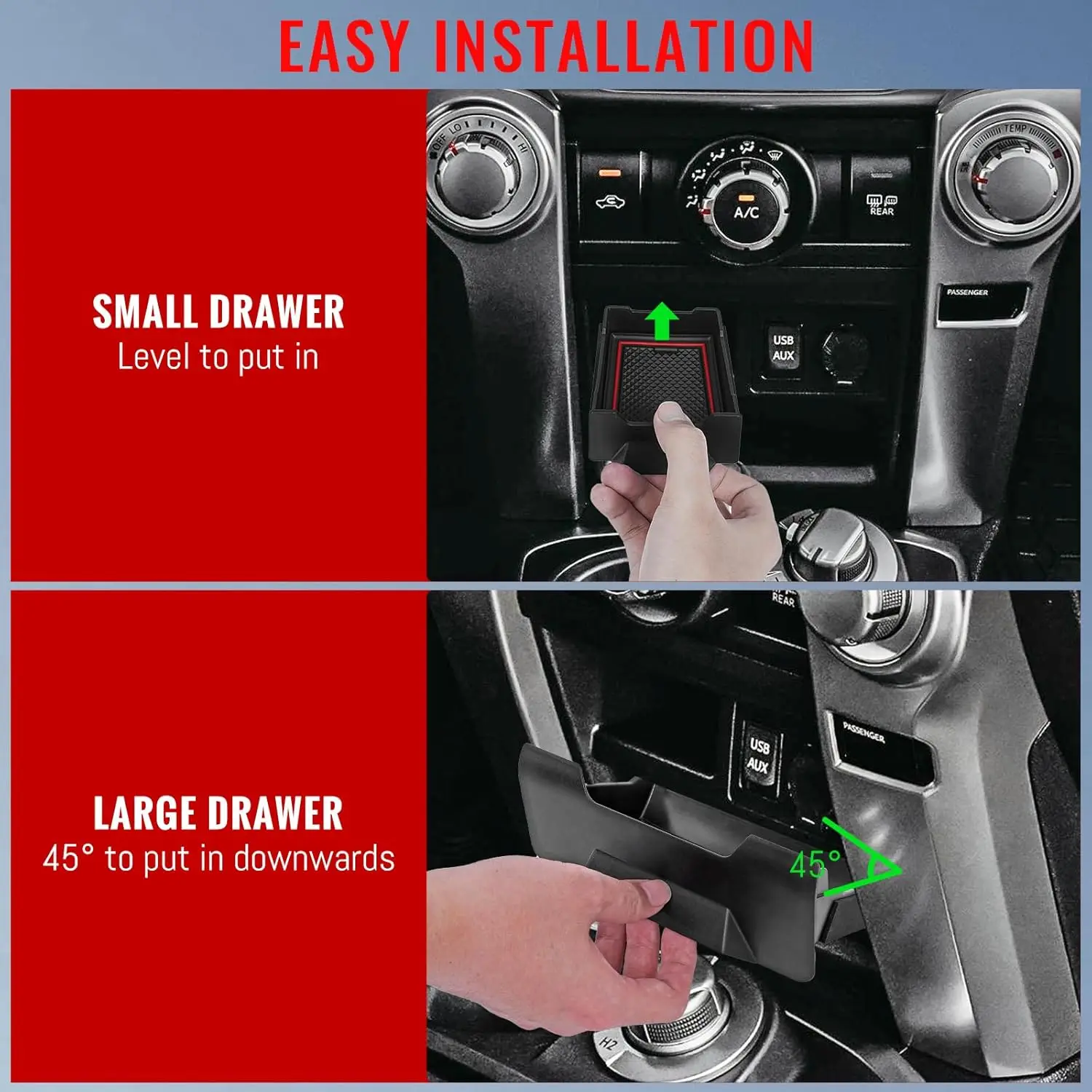 ชุดลิ้นชักเก็บของคอนโซล-2ชิ้น ใช้ได้กับอุปกรณ์เสริมรถยนต์โตโยต้า 4Runner ปี 2014-2024 พร้อมแผ่นกันลื่น อุปกรณ์ตกแต่งภายใน