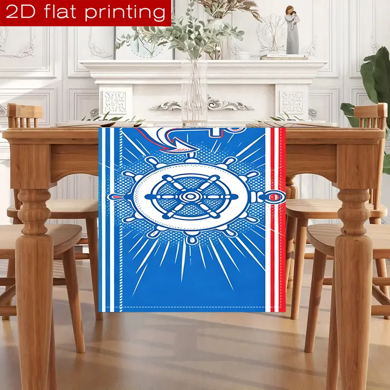 1 Piece American Pop Art Style Table Runner with Ship's Wheel and Anchor Pattern Print, Suitable for Farmhouse, Indoor, Kitchen, Celebrations, Table Decoration, Restaurant, and Banquet Decoration Supplies