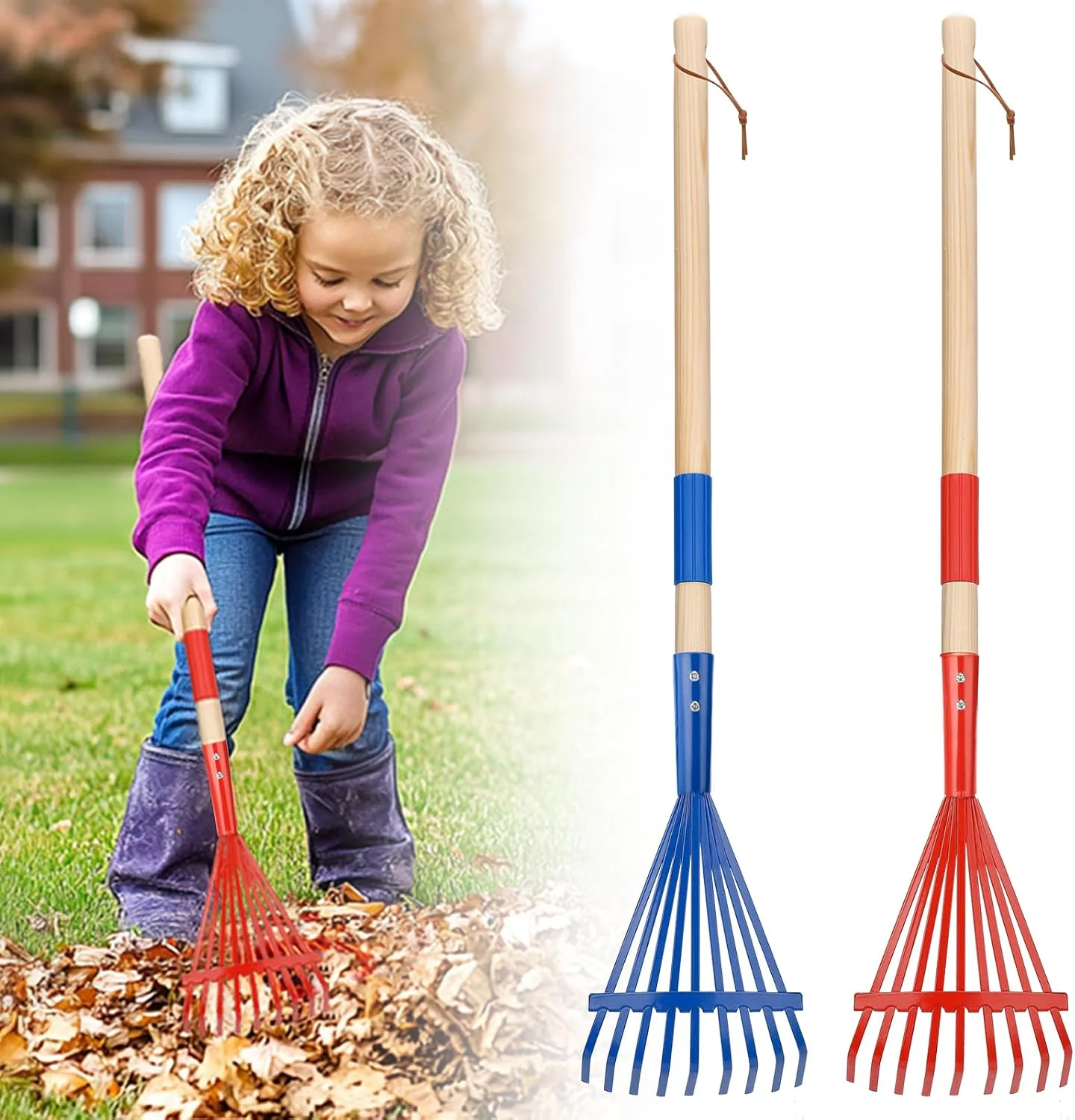 Kids Friendly Rakes for Leaves -  Child Size Small Rake with Durable Metal Head & Hardwood Handle, Real Lawn Garden Yard Tool