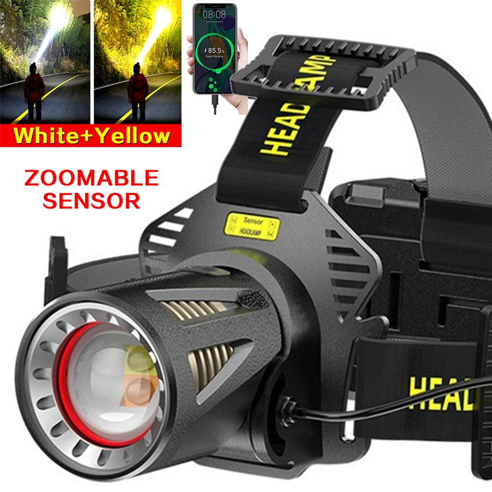 

2*XHP50 White+Yellow Sensor LED Headlamp Type-C Rechargeable Zoomable Head Flashlight Powerful 18650 Powerbank Fishing Headlight