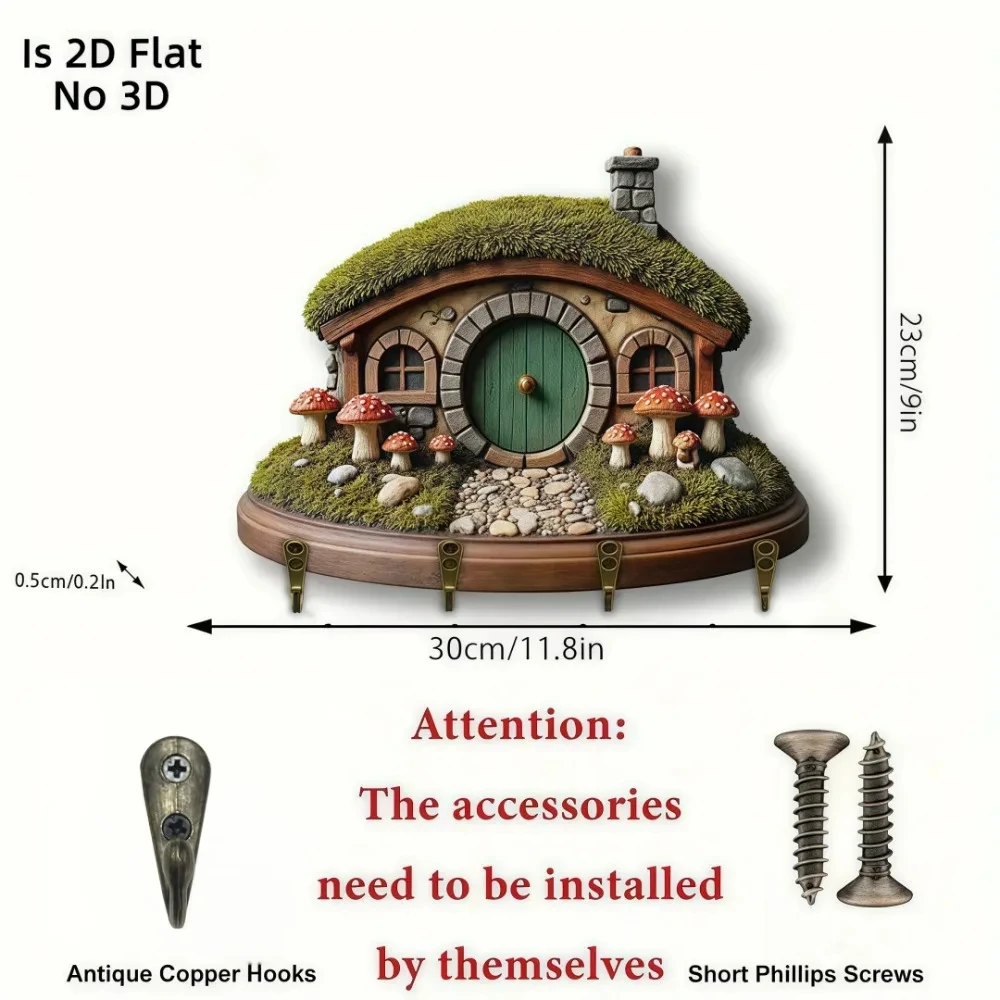 2D Mini Hobbit Cottage, Wooden Multifunctional Keyhook, Suitable for Home, Living Room, Room, Porch, Villa, Seasonal Decoration