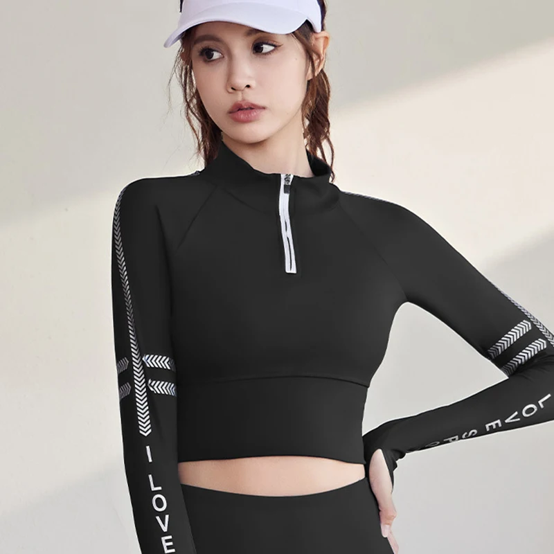 Half Zipper Running Shirt Women Elastic Tight Yoga Crop Tops Sexy Female Outdoor Sports Jacket Cycling Long Sleeve Gym Shirts