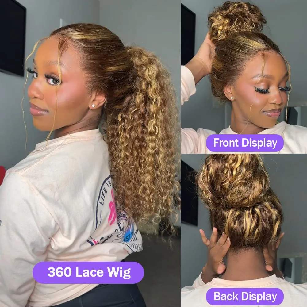 

Ombre Honey Blonde 360 Lace Front Wigs Human Hair Invisi Strap Highlight Deep Wave Lace Front Wigs Human Hair 360 HD Frontal Wig