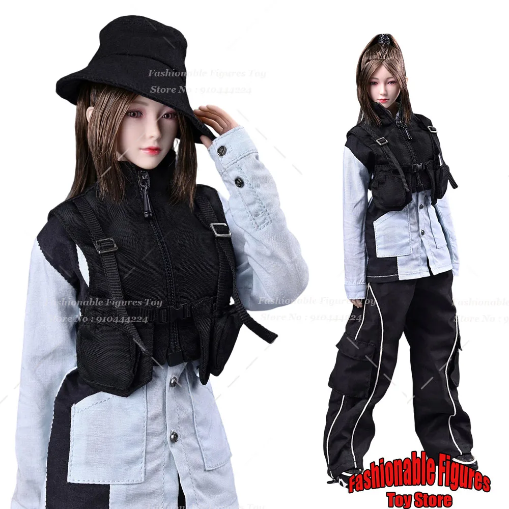 

1/6 Women Soldier Streetwear Stand Collar Techwear Vest Casual Black Sport Pants Fit 12Inch Action Figure Body Model