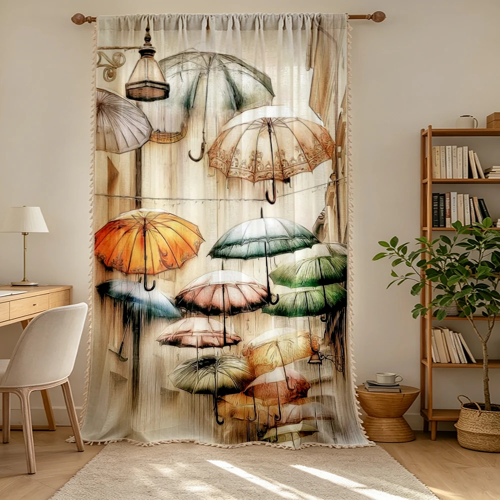 1PC Vintage Tassel Sheer Curtains, Hanging Umbrella Watercolor Rain, Digital Print, Polyester, Bedroom Living Room Home Decor