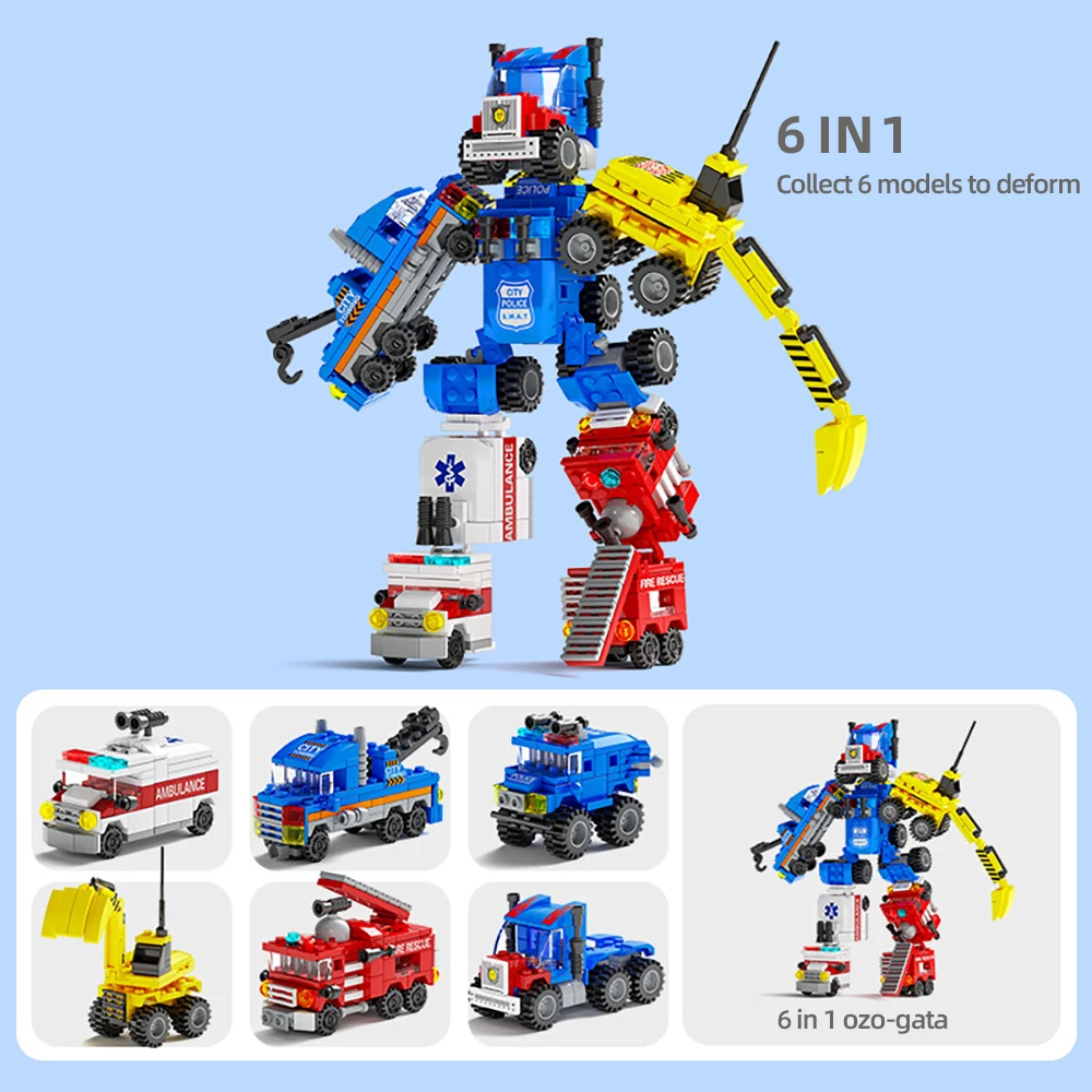 6 في 1 سيارة روبوت اللبنات مجموعة الإنقاذ مركبة سيارة إسعاف سيارة مطافئ الطوب DIY تجميعها لعبة للأطفال التعليمية هدية