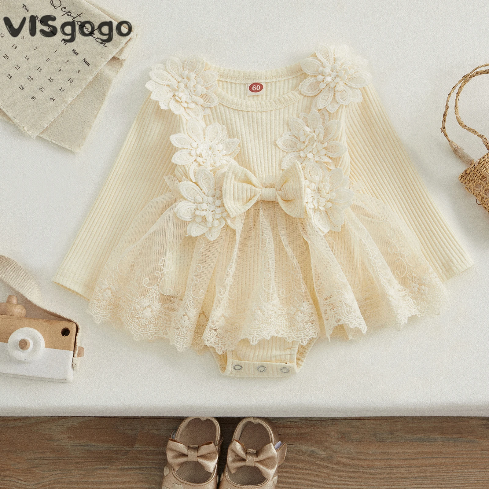 VISgogo Baby Girls Romper Dress Long Sleeve Crew Neck Flower Bow Tulle Patchwork Knit Bodysuit Fall Clothes for Daily Party