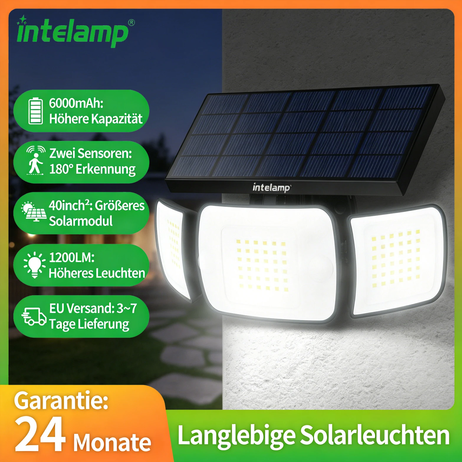 Intelamp Solar-Strahler 4000mAh Große Batterie IP65 Mit 3 Modi Doppelter Bewegungssensor 6500K Solar-Flutlichter für Garten Garage solarleuchte außenbereich solarlampe für außen solar led licht