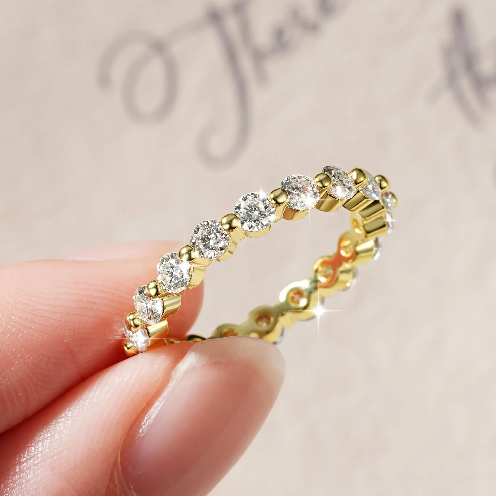 Abestecom D Color 14K Gold Filled Rings Classical Eternity 3mm Stackable Moissanite Ring Anniversary Wedding Jewelry Women Gift