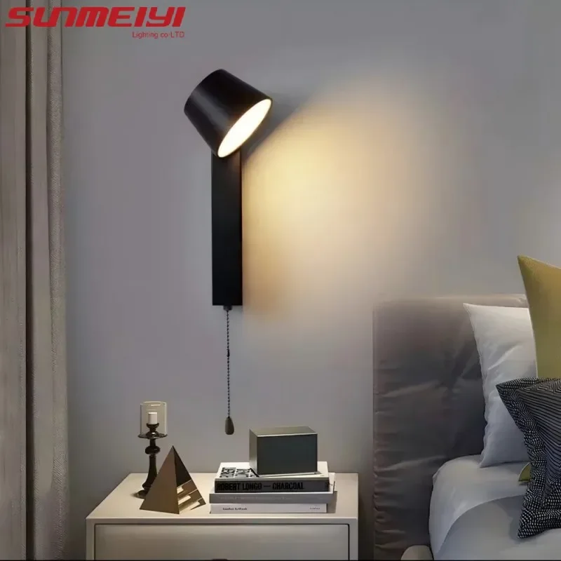 Nordic Modern Simple Indoor LED Wall Lamp Rotatable Bedside Lamp Living Room Bedroom Corridor Aisle Lamp with Pull Cord Switch