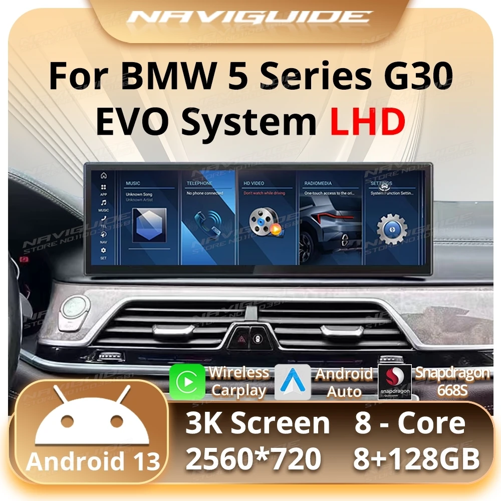 NAVIGUIDE 14.9'' 4G+64G Carplay Auto For BMW 5 Series G30 G31 LHD EVO System Car GPS Navi Multimedia Video Player BT Headunit