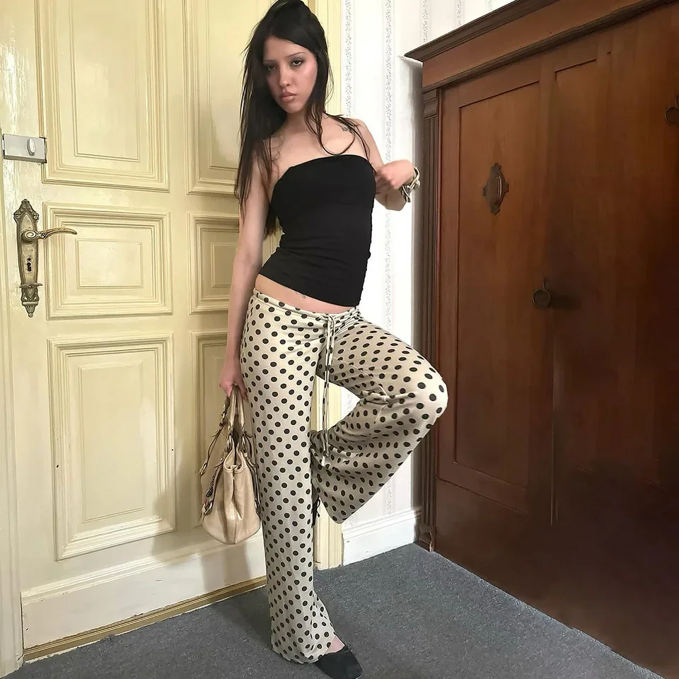 Coquette Low Rise Drawstring  Trousers Polka Dot Print Flare Pants Women Vintage Aesthetic Lounge Pants  Girl Outfits