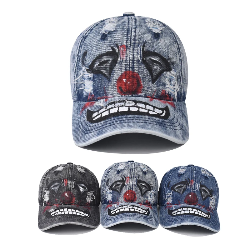 Baseball Cap Clown Printing Pattern Cowboy Wash water Graffiti Hole Sun hat Outdoor Autumn baseball cap